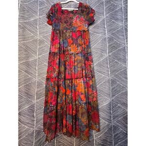 Natural Life Floral Mesh Tiered Maxi Dress  Multi Color Boho Flutter Sleeve Sz S
